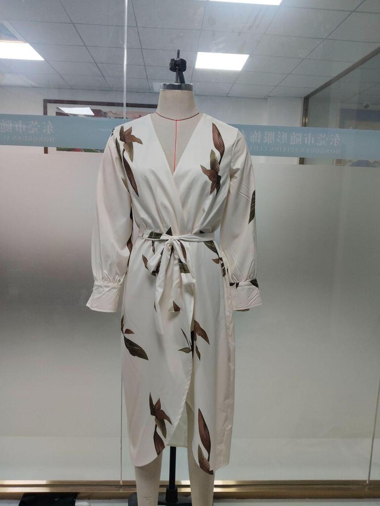2025 European & American Women's V-neck Long Sleeve Lace-up Print Long Dress
