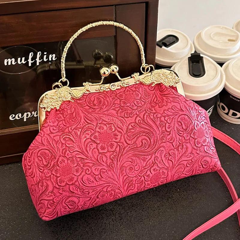 Chinese Style Prom Print Women Elegant Shoulder Bag Lady Chain Dinner Bags Green Shell Clip Fashion PU Leather