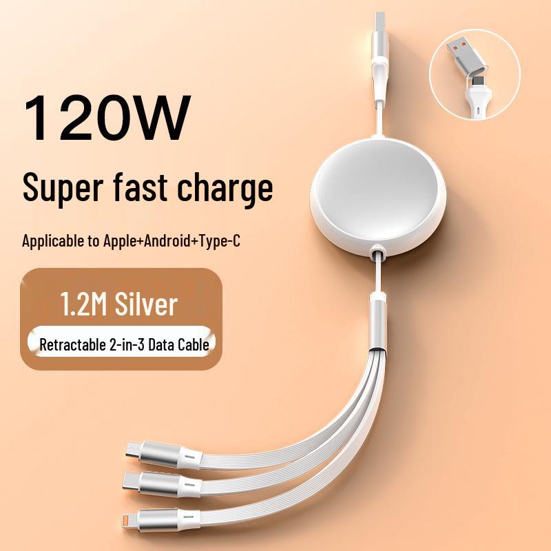 100W Three-in-One Retractable Fast Charging Cable for Type-C, Android & Apple Devices серебряный