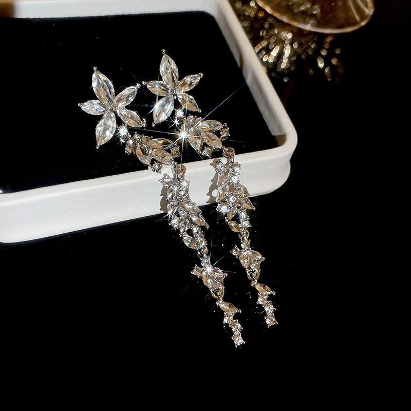 Silver Needle Diamond Flower Water Drop Tassel Earrings Exaggerated Earrings Light Luxury Premium Earrings Women