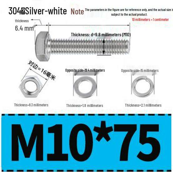 304 Stainless Steel Hex Head Bolt and Nut Set M6-M14, Lengths 8-100mm