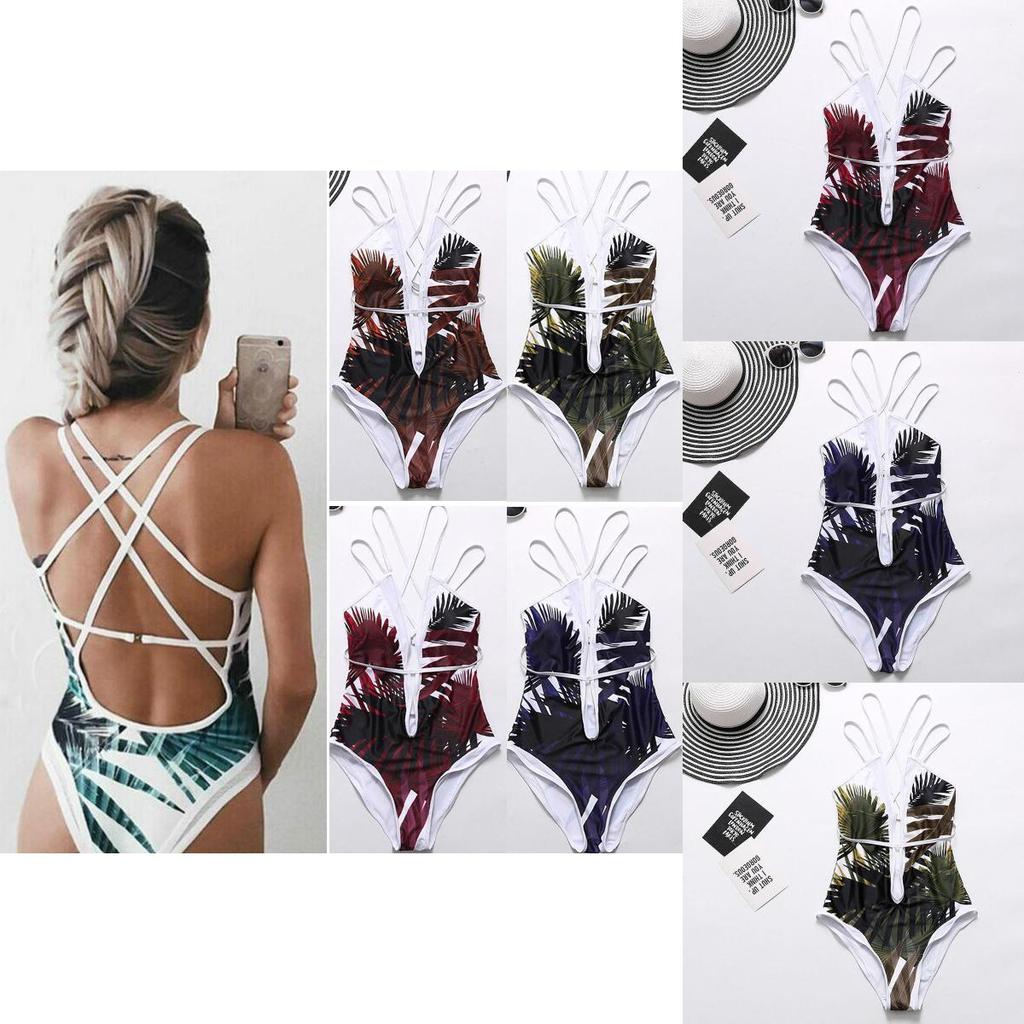 Women Elegant Floral Print Deep V Neck Backless Bandage Bathing One Piece Swimsuit