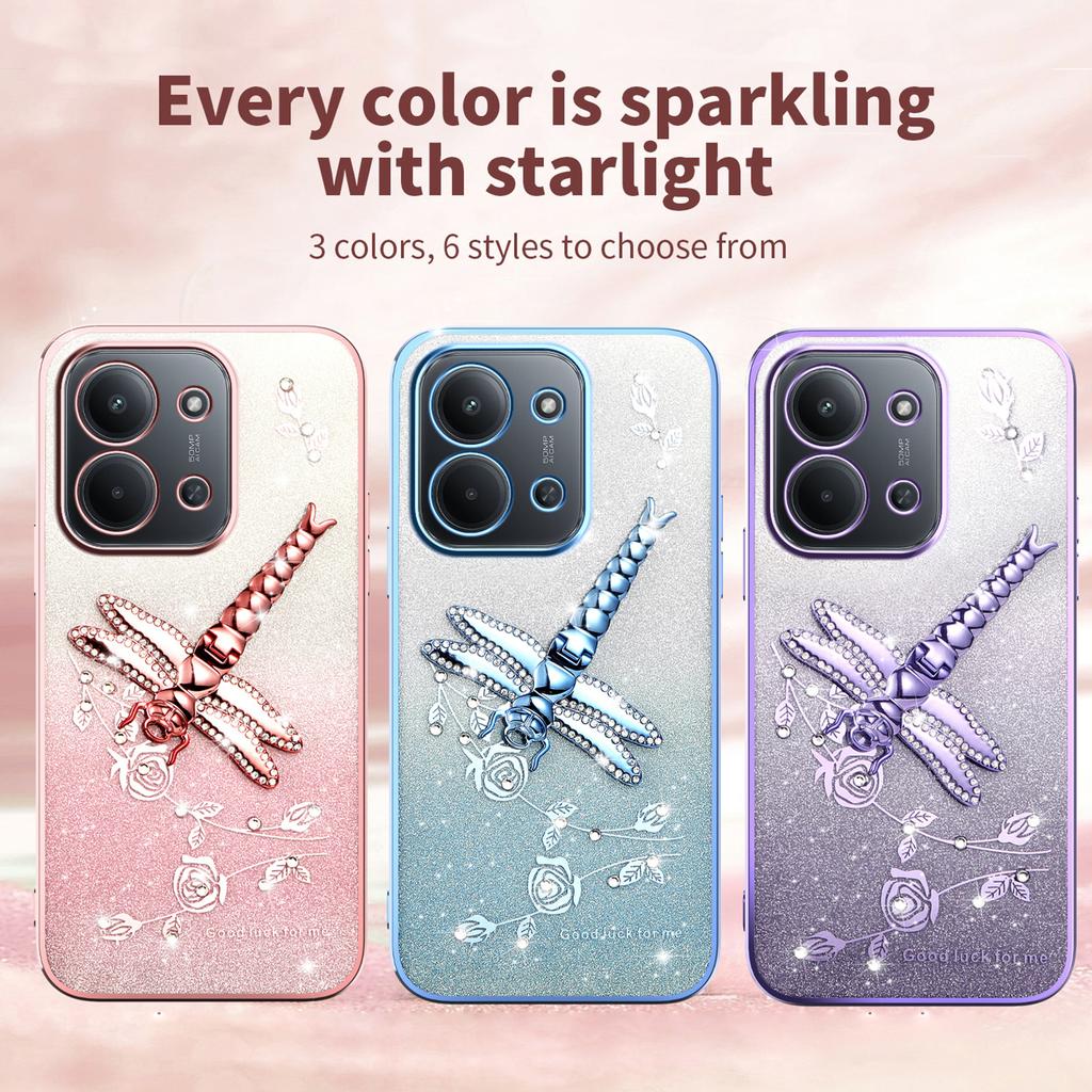 For Xiaomi Redmi 15C 4G (Global) (171mm)/Poco C85 4G (171mm) Case Dragonfly Kickstand TPU Flowers Glitter Phone Cover