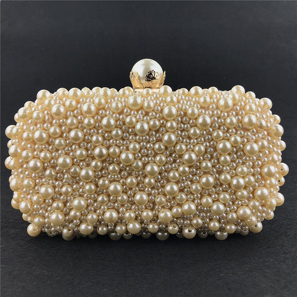 Luxury Crystals Beaded Pearl Evening Clutch Bags Wedding Party Handbag Fashion Women White Beige Long Chain Shoulder Handbags