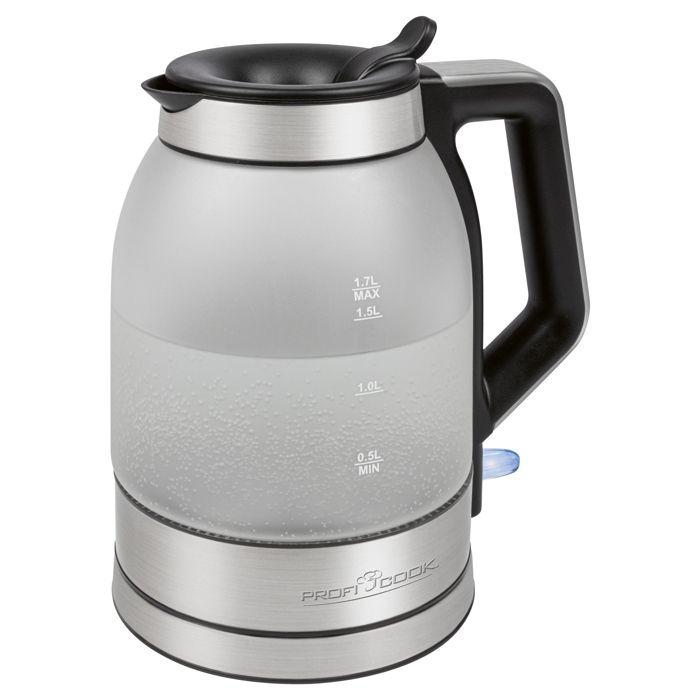 Bouilloire Électrique, Verre de 1,7 Litre, Récipient sans BPA, sans Fil, Éclairé Proficook WKS 1215G 2200W Argent 501215