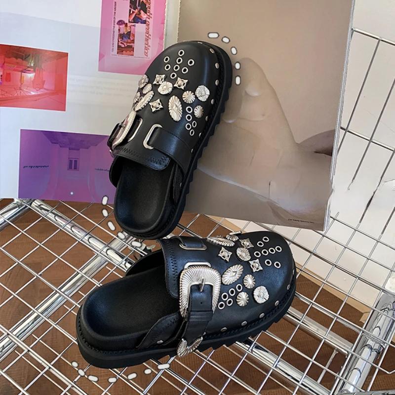 Fashion Women's Slippers Summer New Thick Bottom Baotou Metal Decorative Buckle Sandals Casual Lightweight Comfortable Non-slip Slippers