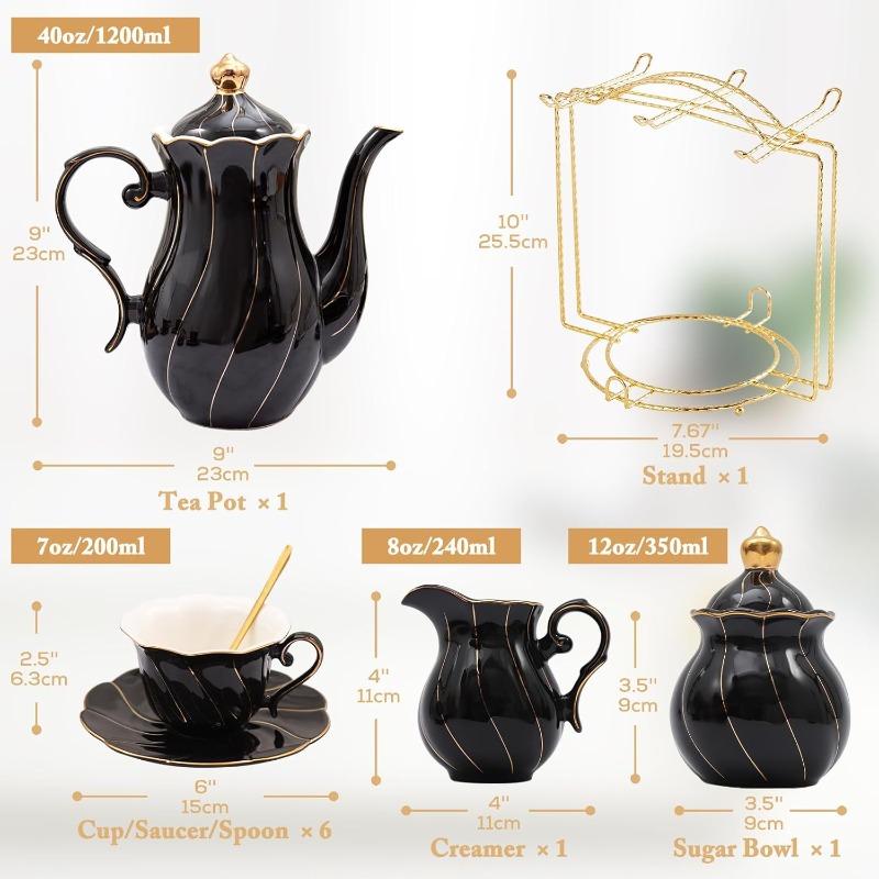 22 Pcs Porcelain Tea Set for 6, Luxury British Style Tea/Coffee Cup Set with Golden Trim, Beautiful Tea Set for Women, Tea Party