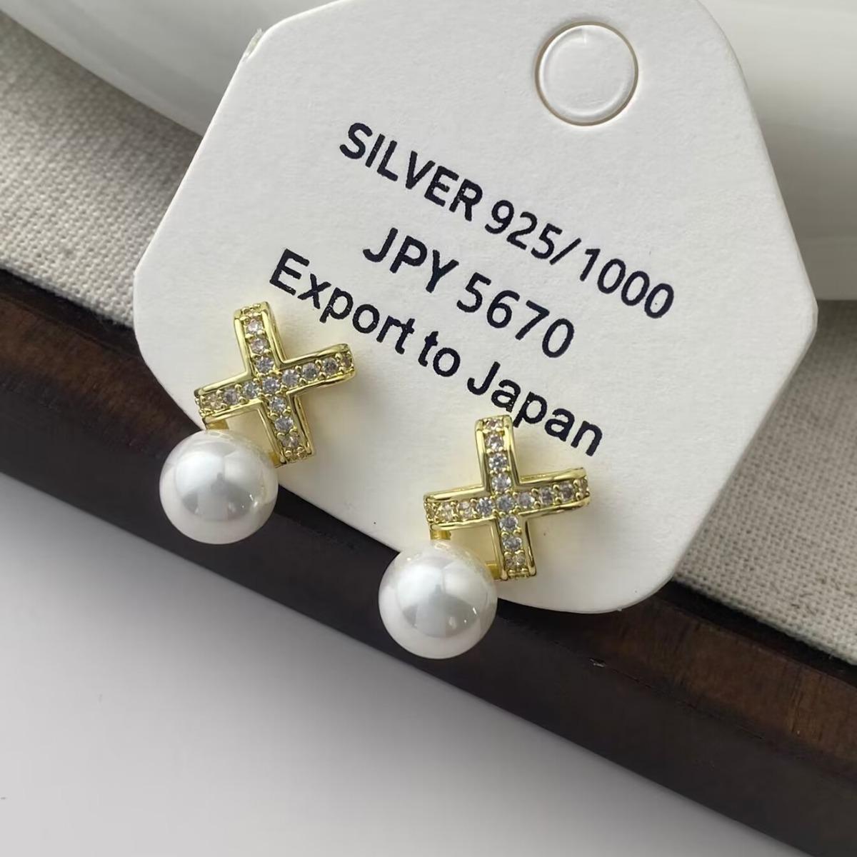 French Zirconia & Pearl Cross Stud Earrings for Women - Elegant, Fashionable, S925 Sterling Silver