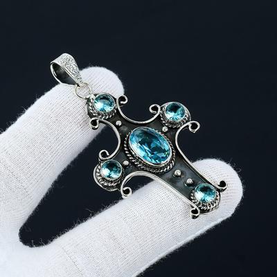 Swiss Blue Topaz Gemstone Handmade 925 Sterling Silver, Genuine Blue Topaz Necklace, December Birthstone Blue Topaz Necklace, Gift for Her