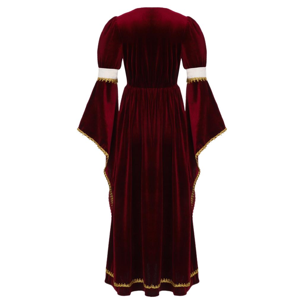 Luxury Medieval Princess Gown for Kids: Detailed Patchwork, Bell Sleeves, Gold Print & Waist Band for Renaissance Theme Event