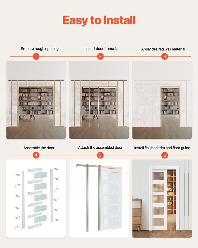 Sliding Pocket Door, 915 x 2035 mm, 5-Lite Frosted Glass Single Sliding Door with Hardware Kit, Sturdy Solid Wood & MDF Pocket Doors Slab with