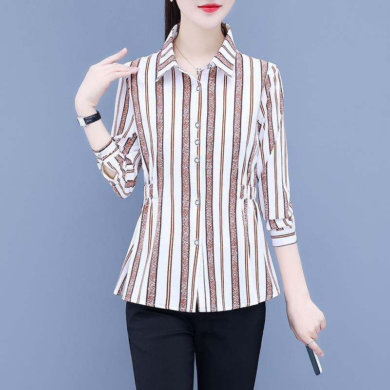 YYFS Women's Fashion Casual Spring Autumn Stripe Print Long Sleeve POLO Neck Blouses & Shirts