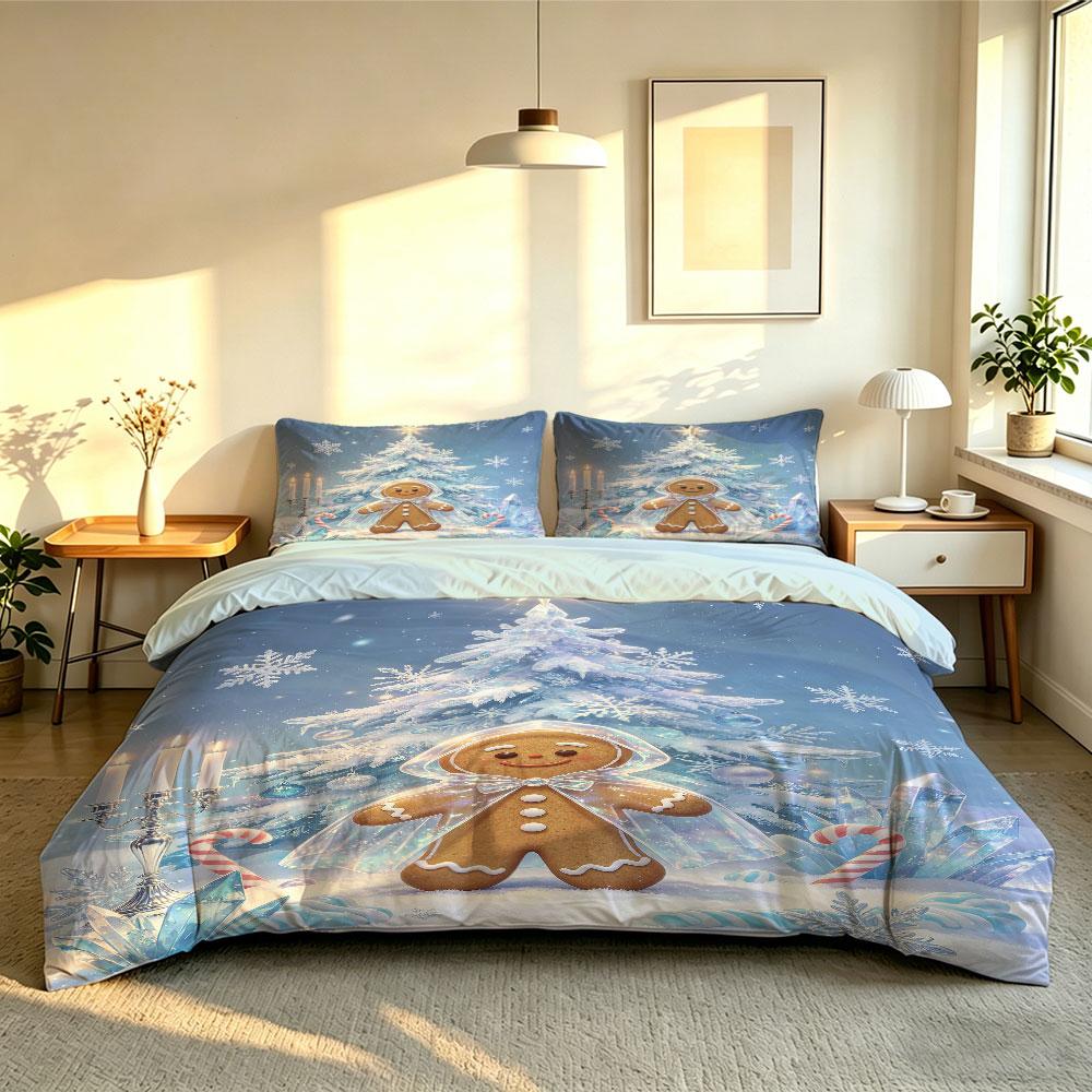Christmas Duvet Cover Set 3Pcs Cute Gingerbread Man Xmas Tree Snow Print Soft Microfiber Bedding Pillowcases