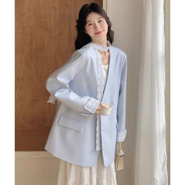 Beautiful and Elegant Lace Splice Suit Jacket for Women, Loose Fit Spring Casual Blazer