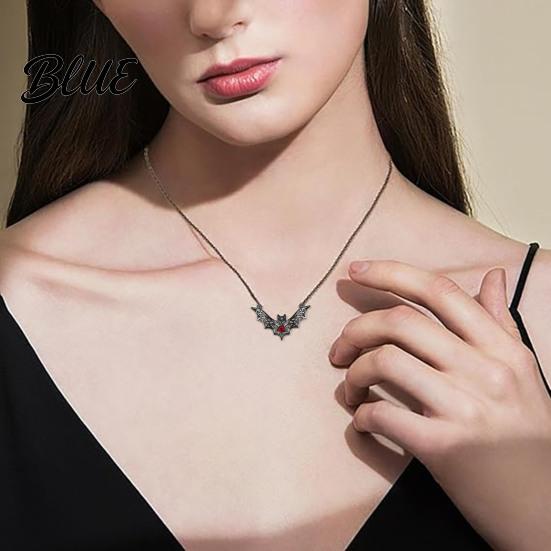 Comfortable Lightweight Necklace Gothic Bat Pendant Faux Ruby Hollow-out Halloween