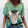 Women's Kawaii Cat Print 3D T Shirt Short Sleeve V Neck Tees Casual Holiday Top Female T Shirt