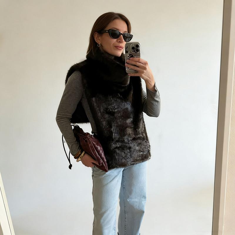 Fashion Faux Fur Sable Vest Crop Top Autumn Winter Turtleneck Eco Mink Fur Tank Tops Sleeveless Jacket Coat