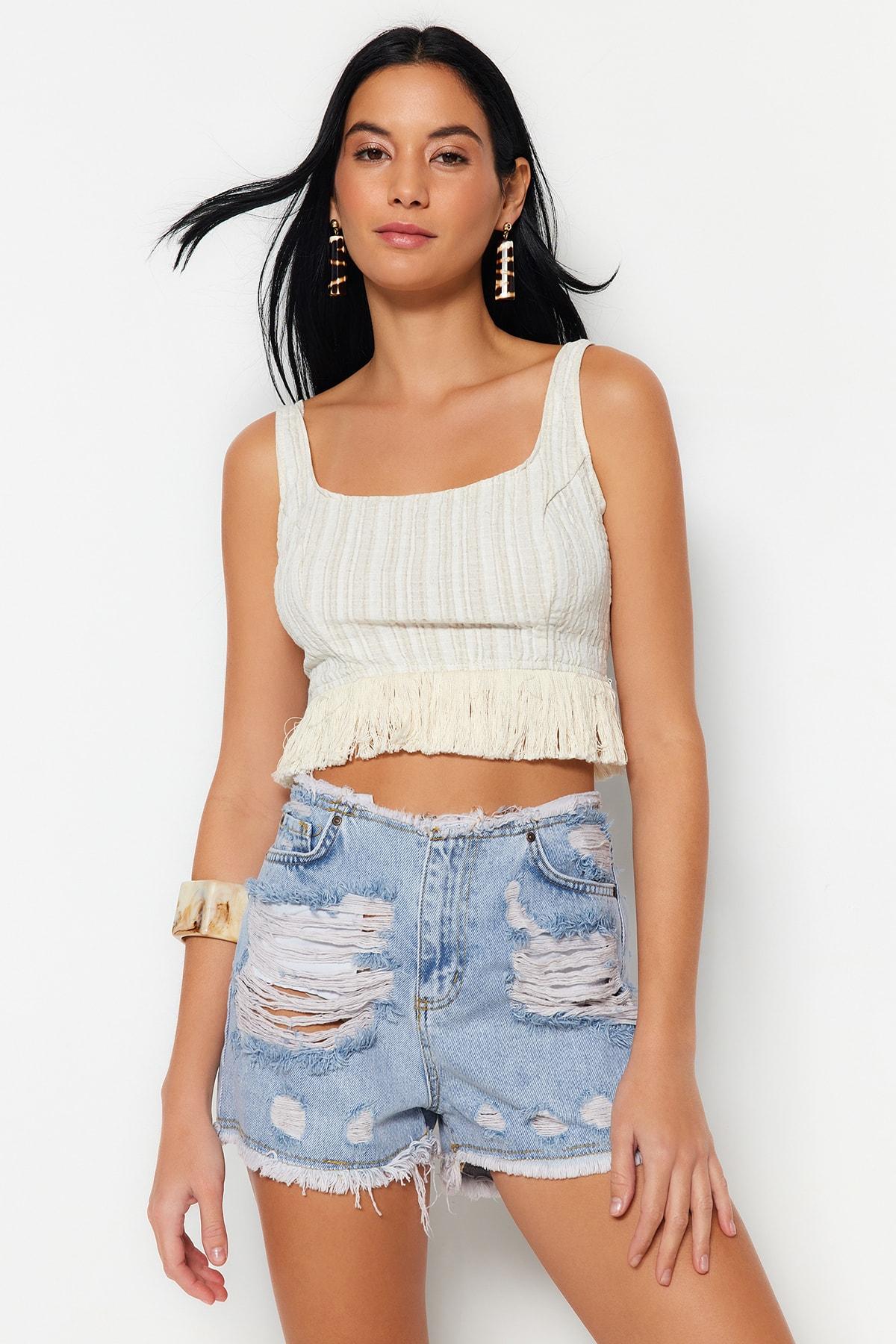 

Рваные синие мини-шорты из 100% хлопка из денима и бермуды TBESS23SR00036..