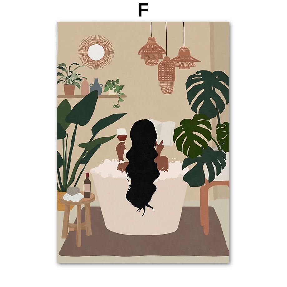 Fashion Black Girl Flowers Bathtub Leaf Abstract Wall Art Canvas Painting Boho Poster And Prints Pictures For Living Room Decor