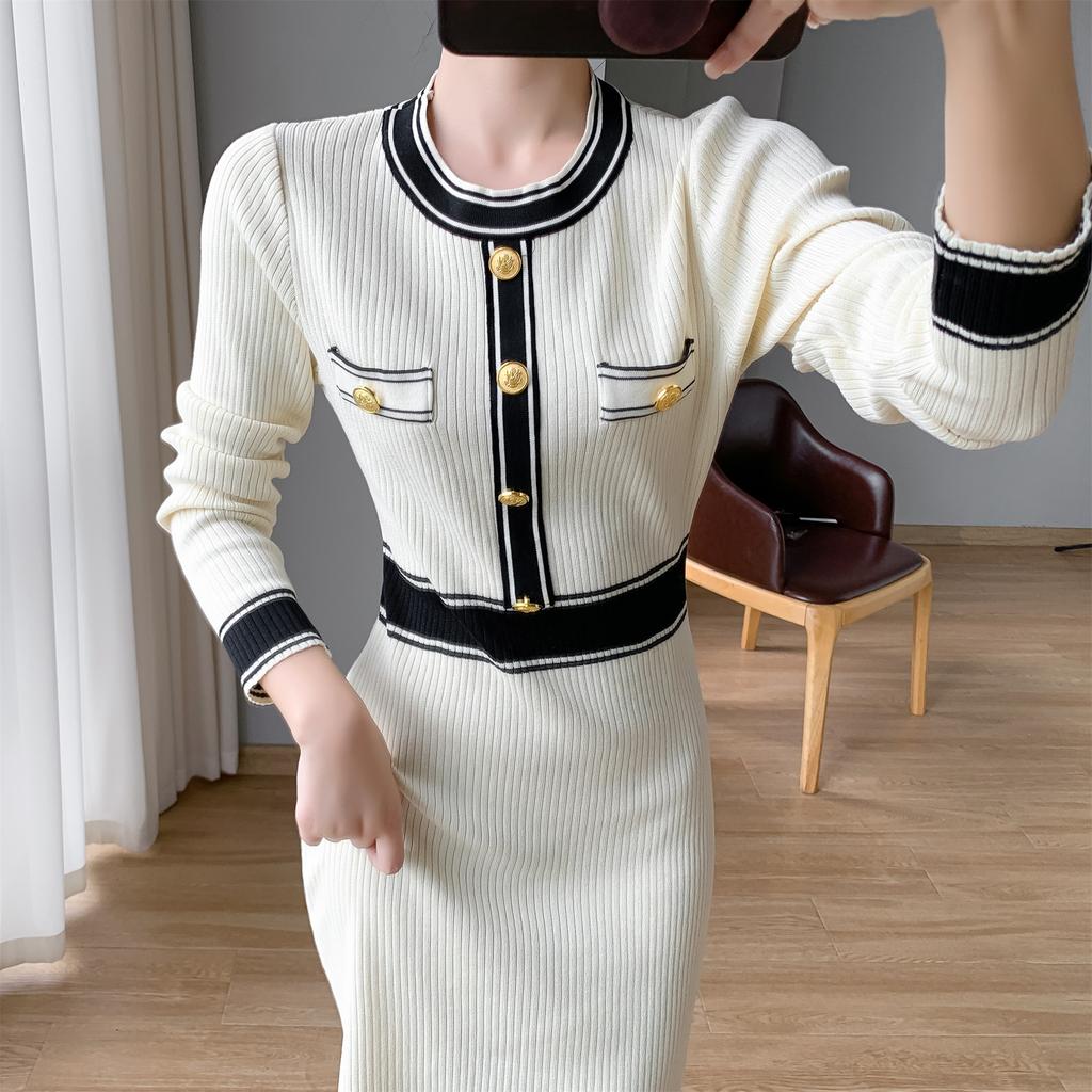 French Elegant Party Color Contrast Dress Women Vintage Slim Mid-length Knitted Dresses Female Korean Fashion Design Casual Clothes
