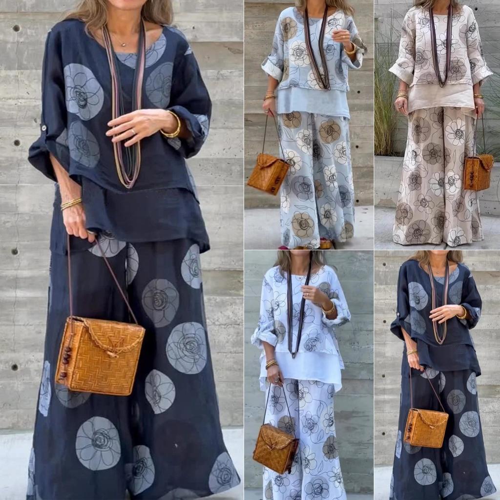 Women Bohemian Floral Print Two Piece Set V Neck Top Wide Leg Pants Casual Vacation Outfit