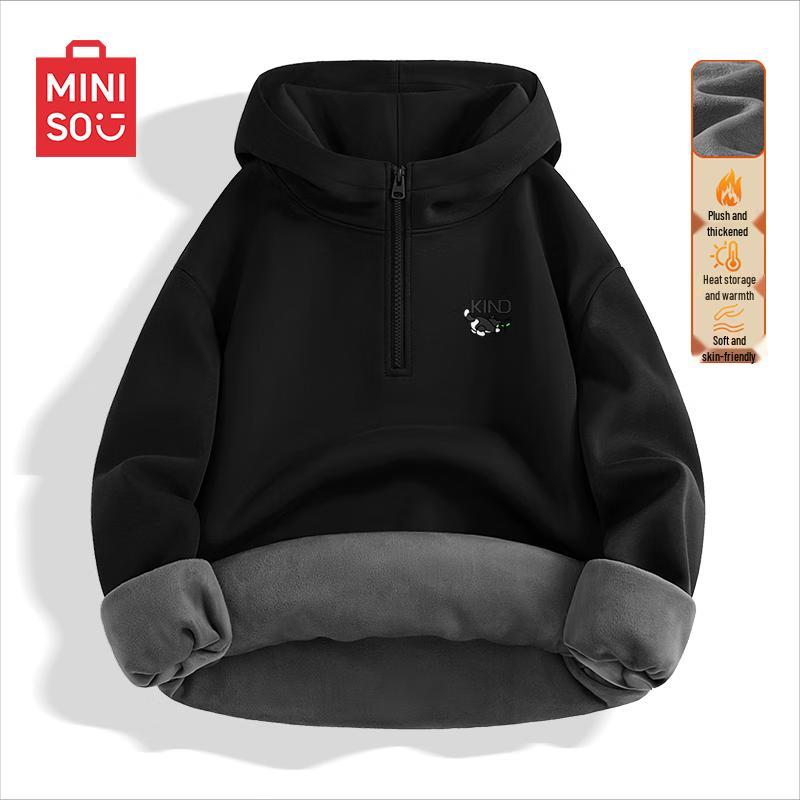 MINISO Men's Fleece-Lined Hooded Half-Zip Pullover Sweatshirt