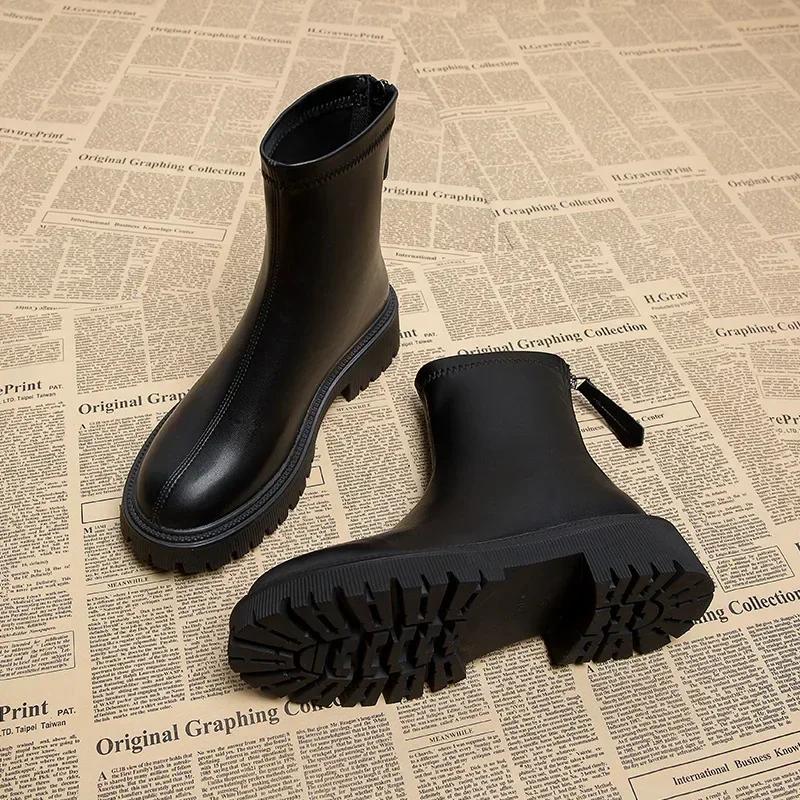 Fashion Women's Chelsea Boots Fashion Round Toe Short Booties Ladies Elegant Square Heel Shoes Winter Soft Leather Women's Footwear2024