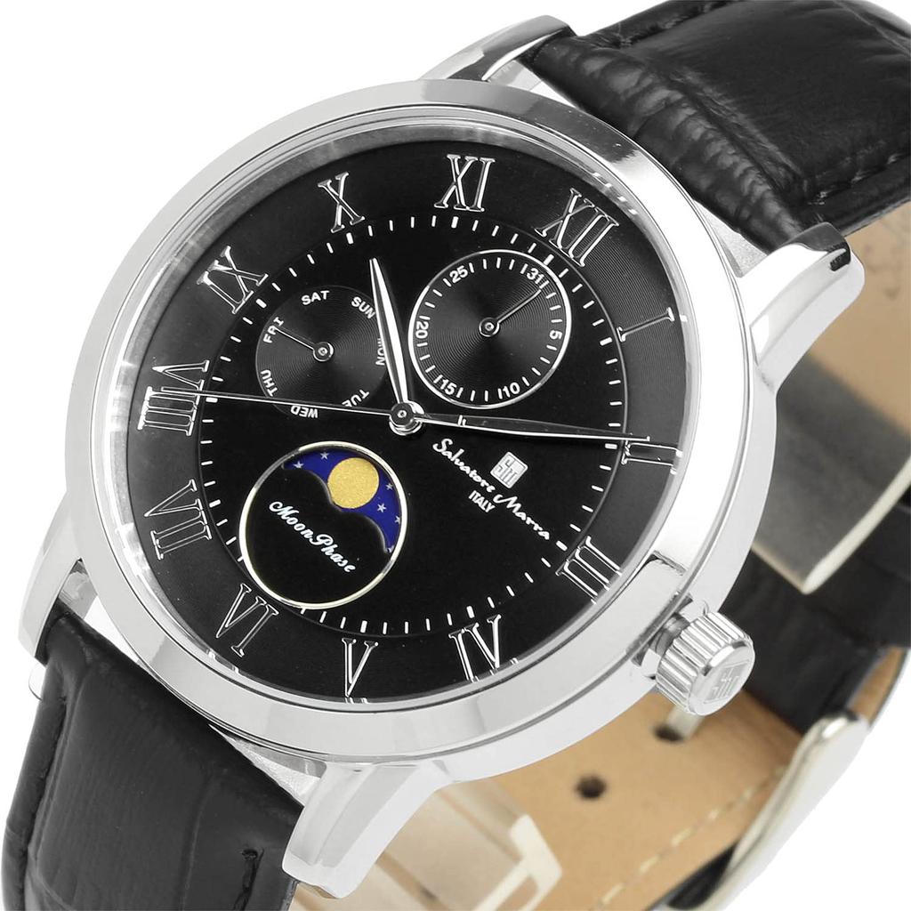Salvatore Marra Moon Phase 5 ATM Water Leather Limited Men's Multi-Calendar Watch, Resistant, Strap, Edition, Silver/Black, SM21106-SSBK
