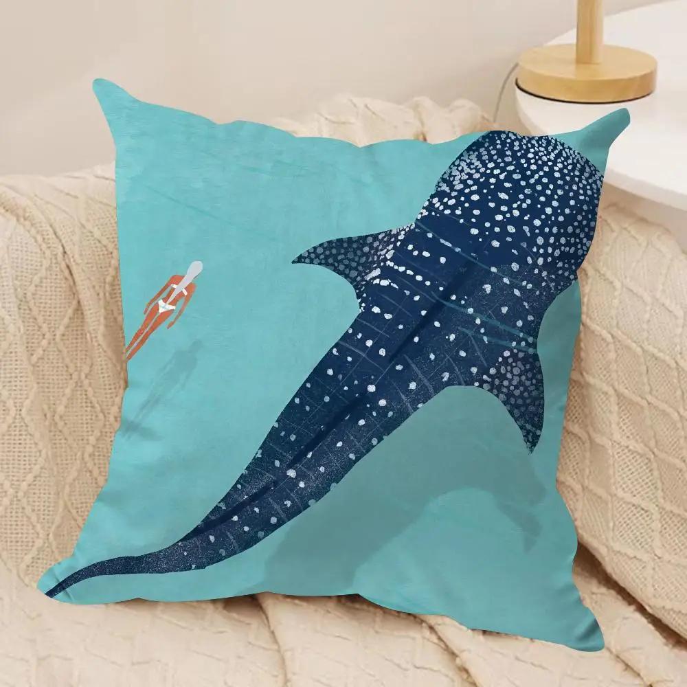 Marine Animals Summer Ins Cushion Cover Silky Short Plush Invisible Zipper Dustproof Sofa Pillow Case For Home Decor