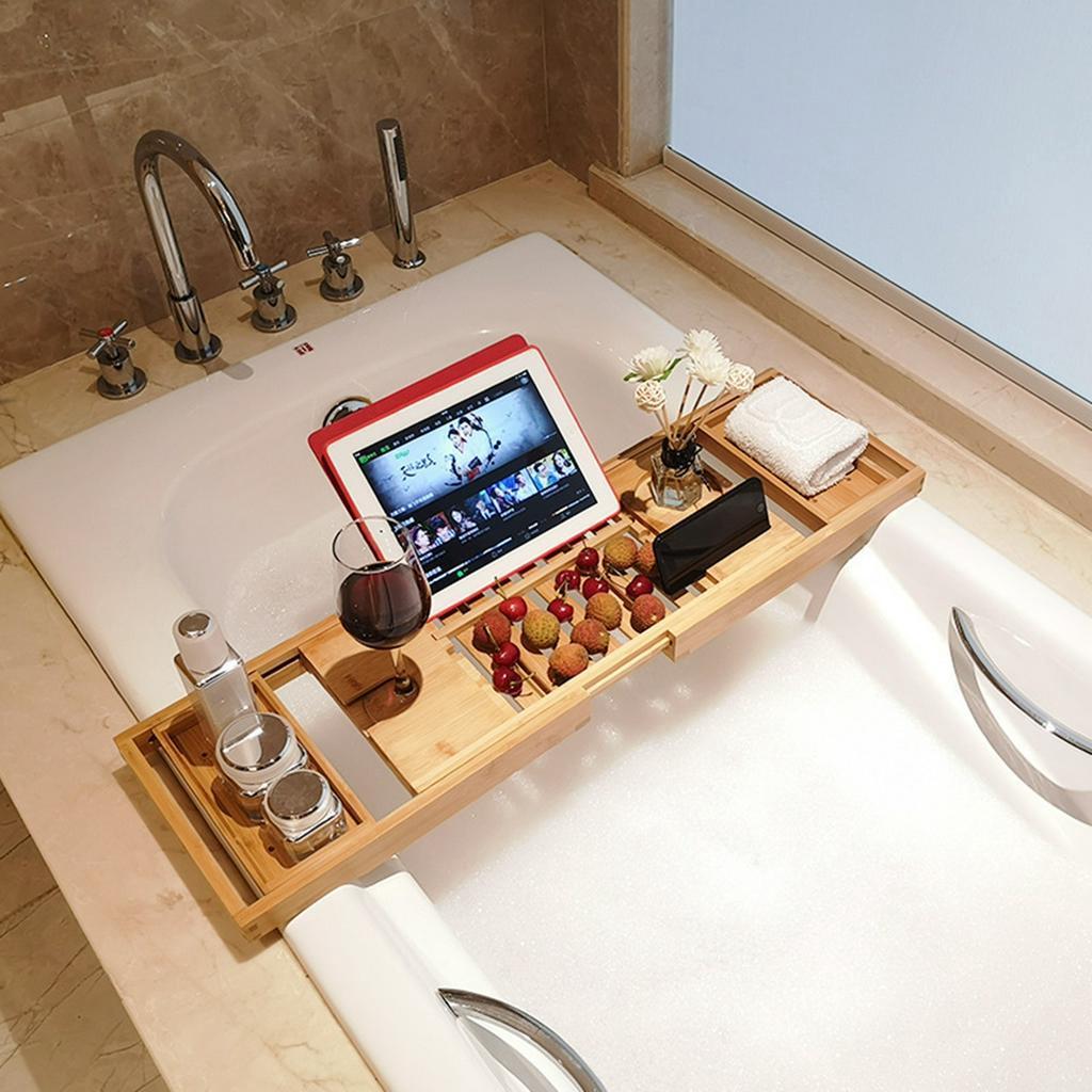 70cm Spa-Badewanne Bambus-Holz-Badewannen-Caddy Organizer Buch Wein Tablet-Halter Lese-Ständer Ausziehbarer Tablett Anti-Rutsch-Bade-Tablett