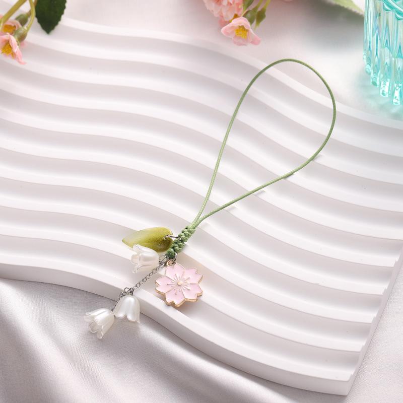 Sweet Cute Tulip Flower Lanyard Mobile Phone Case Keychain Car Key Chains Women Handbag Valley Lily Cherry Blossom Hang Pendant