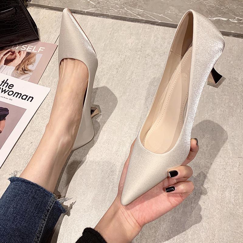 Heels for Ladies Four Seasons Solid Color Satin Fashion Pointed Stiletto High Heels Woman Shoes 5CM