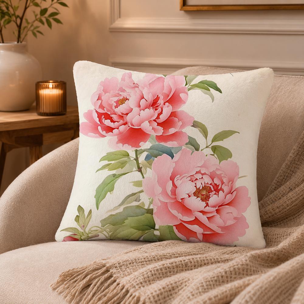 Peony Cushion Cover Anti-dustmite Pillowcase Invisible Zipper Silky Short Plush Sofa Cushion Cover