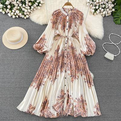 Primavera e outono vestido feminino temperamento lanterna manga em torno do pescoço cintura único breasted vestido impresso elegante saia longa