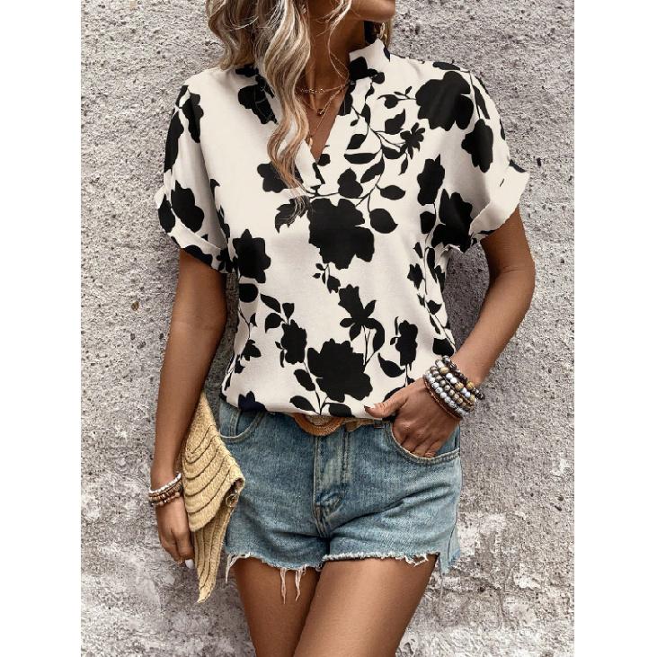 

2026 New Floral Pattern V-Neck Short Sleeve Women s Summer Casual T-Shirt S