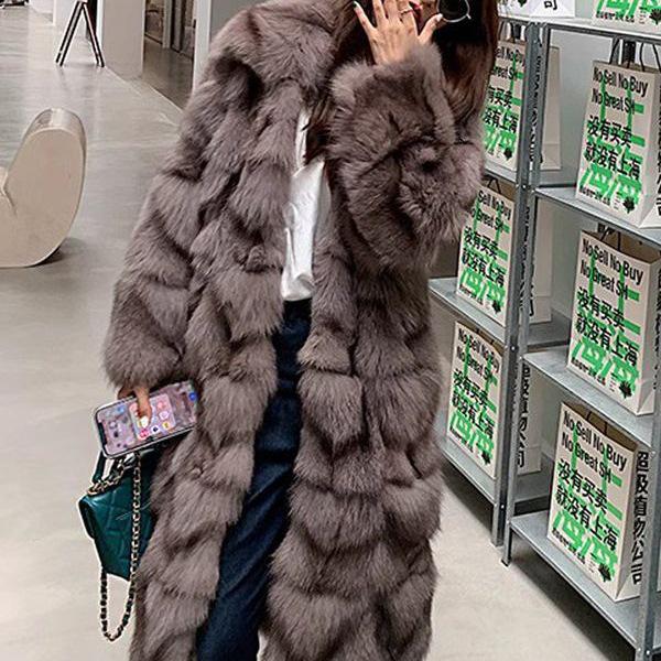 Women's Long Faux Fox Fur Coat - Versatile, Loose, Over-the-Knee, Warm Winter Style