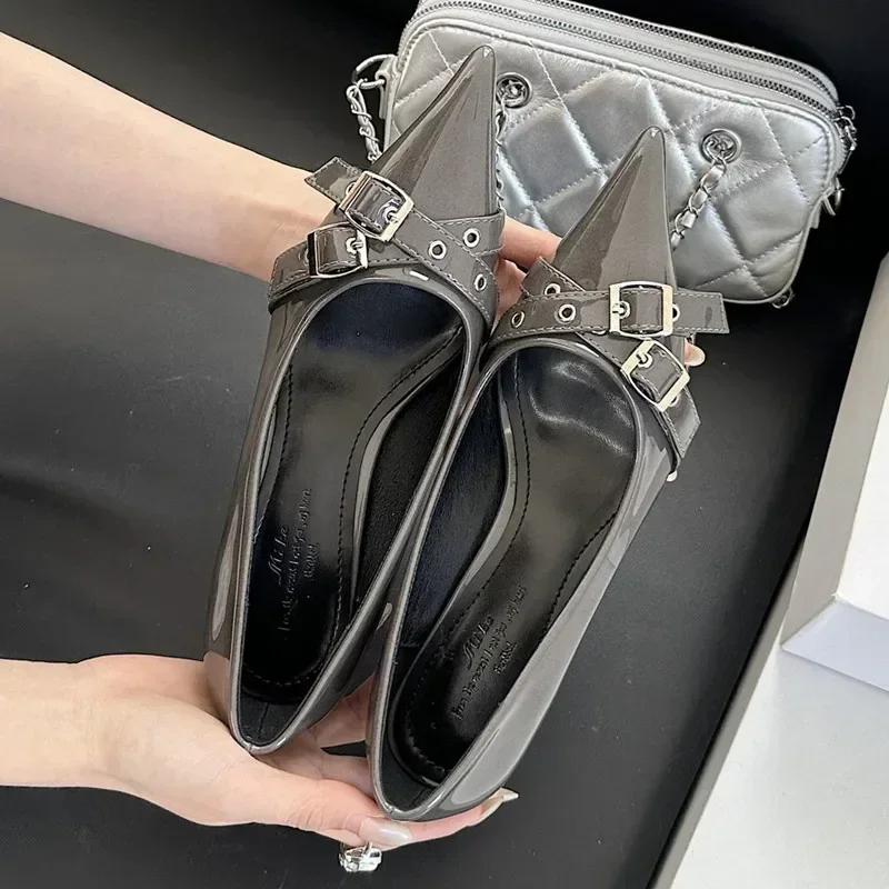 Fashion Elegant Patent Leather Metal Belt Buckle Designer Women Pumps Sexy Pointed Toe Thin High Heels High Quality Mary Jane Mules Shoe