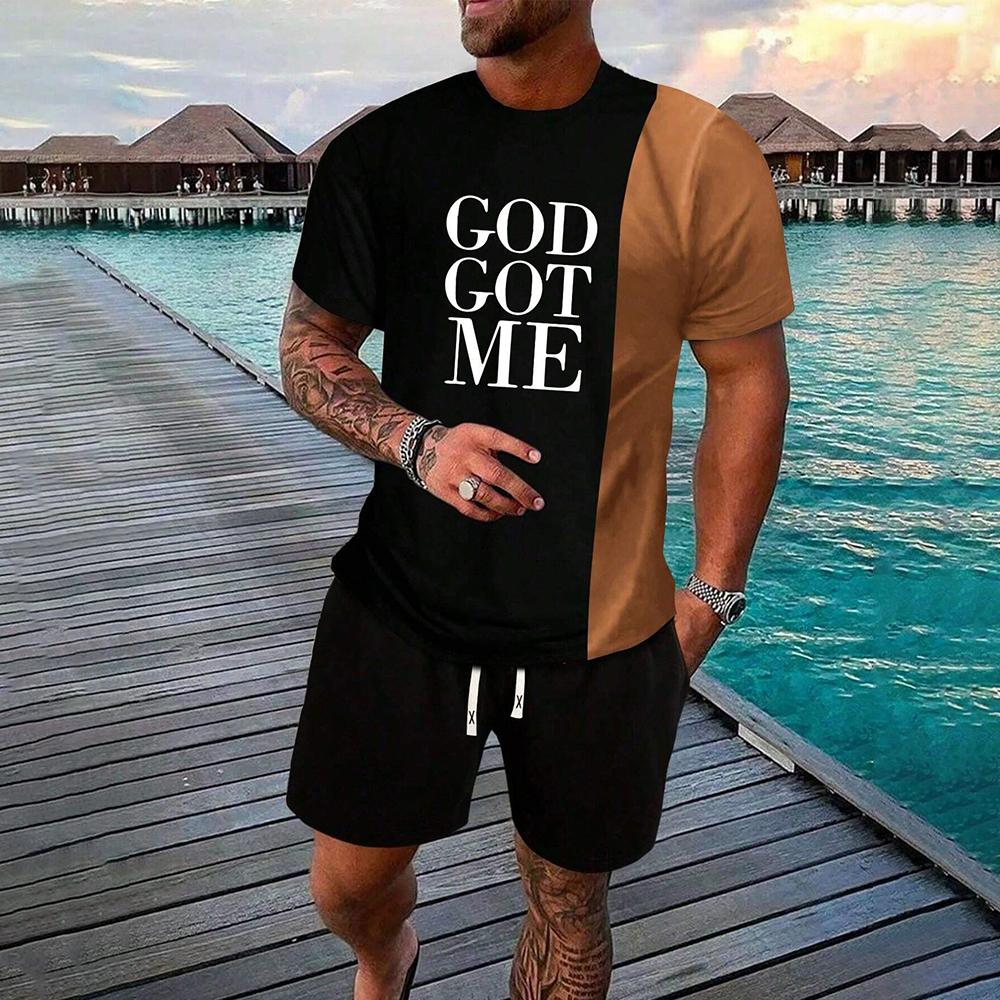 Vyriškas vasarinis 3D raidžių ir gėlių rašto marškinėlių ir šortų su raišteliu rinkinys, sportinė apranga