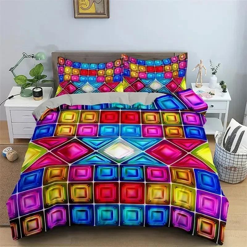 Top Abstract Geometric Duvet Cover Microfiber Queen Bedding Set Boys Kids Room Rainbow Plaid Print Quilt Cover With Pillowcase
