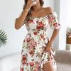 Off-the-shoulder Floral Print Vacation Beach Dress Women Ruffled Spring Summer Short-sleeved