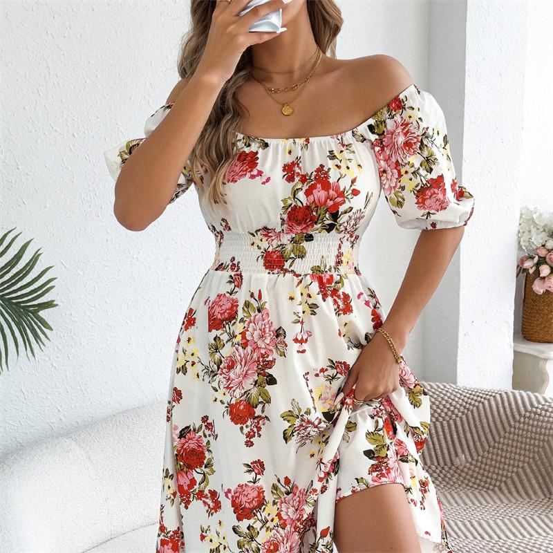 Off-the-shoulder Floral Print Vacation Beach Dress Women Ruffled Spring Summer Short-sleeved