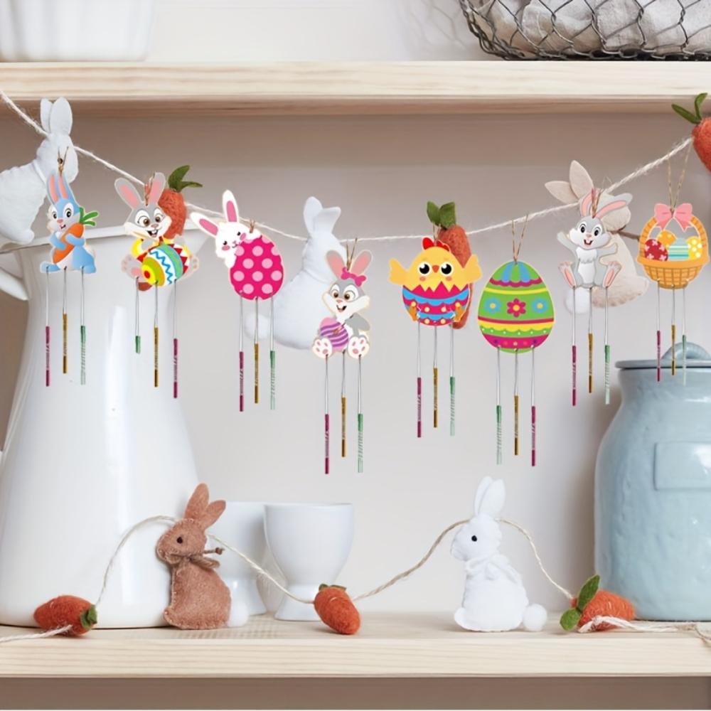 10-set Wooden Easter Wood Chip Wind Chime Set Easter Rabbit Handicrafts Easter Rabbit Wind Chime Handicrafts Paint Art Activity