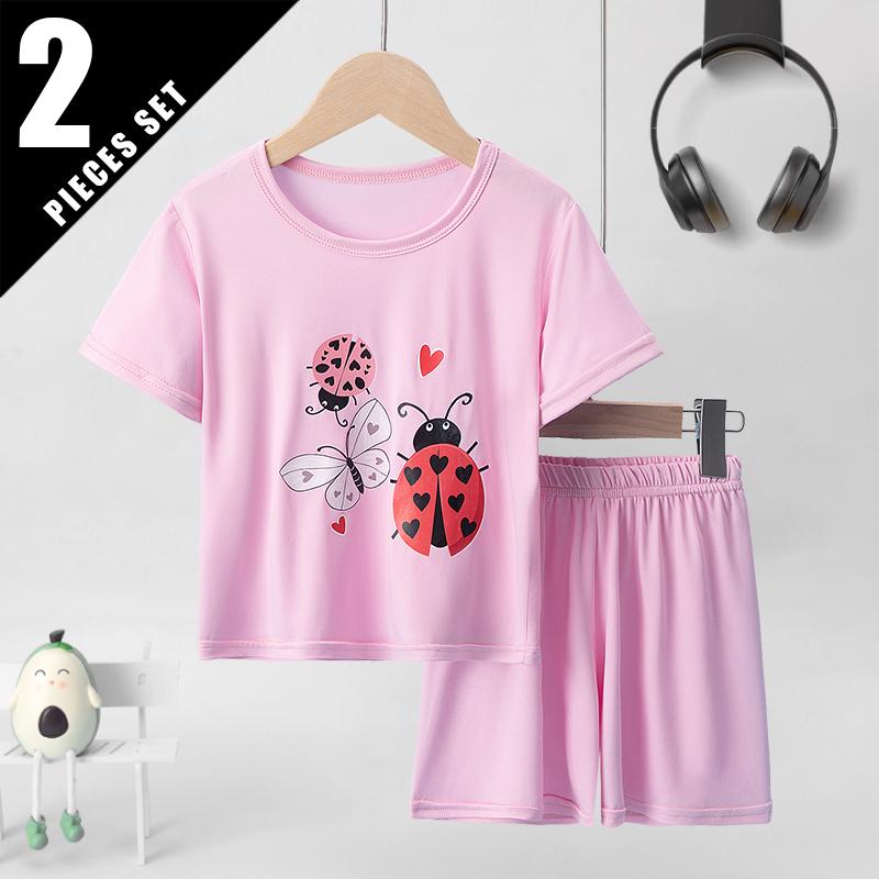 Kids' Two-piece Set with Short Sleeves and Shorts, Sweet Pink for Girls, Casual and Versatile, Comfortable and Easy-going