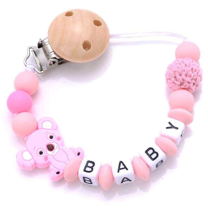 Baby Beech Teether Pacifier Clips Personalized Name Silicone Teether Geometric Crochet Beads Chain Pacifier Clips Nipple Clip