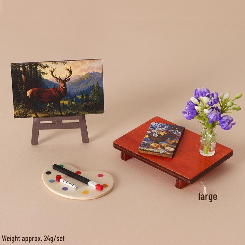 Dollhouse Miniature Retro Oil Painting with Wooden Table - Realistic Wall Decor