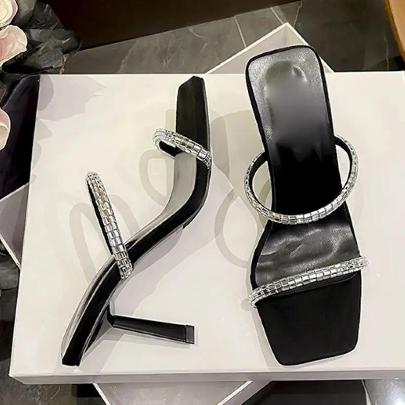 Fashion Eilyken Summer Hollow Out Crystal Diamond Slippers Women Fashion Square Toe Thin Heels Stripper Sandals Shoes Zapatos De Mujer