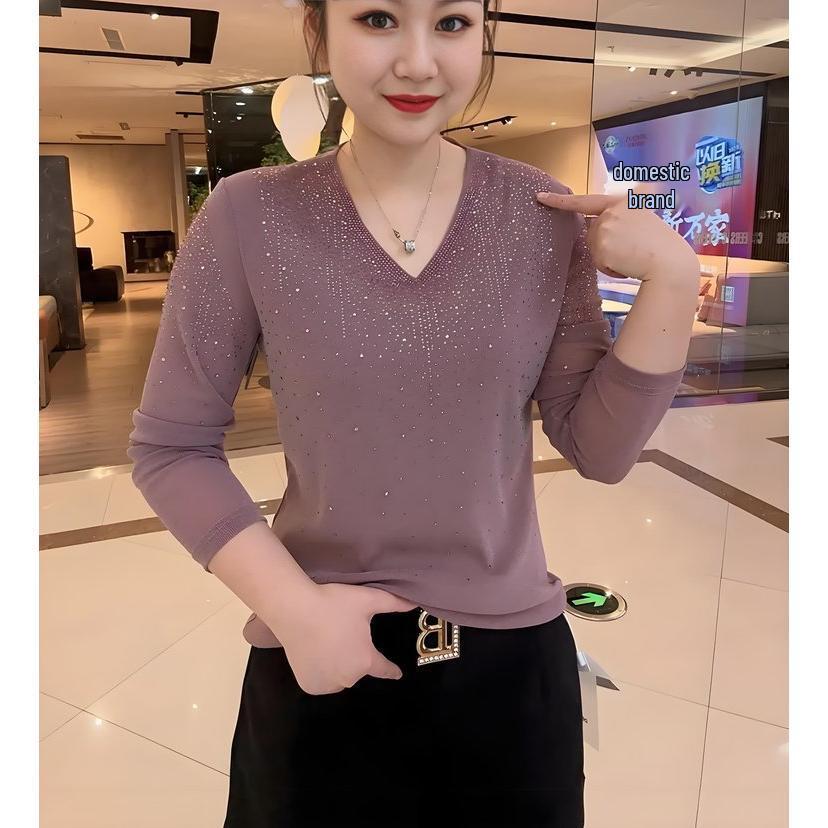 2026 Spring/Autumn Women's Rhinestone Knit Cardigan & Long Sleeve V-neck T-shirt