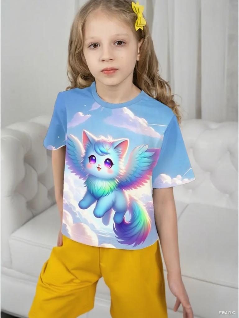 Girl Clothes Cute Wing Cat 3D Print Short Sleeve Tees Casual Round Neck Kids T-Shirt Tops Fashion Streetwear Children's Clothing