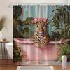 1pc Whimsical Leopard In Pink Bathtub Shower Curtain with Floral Crown & Green Plants, Surreal Home Bathroom Decor