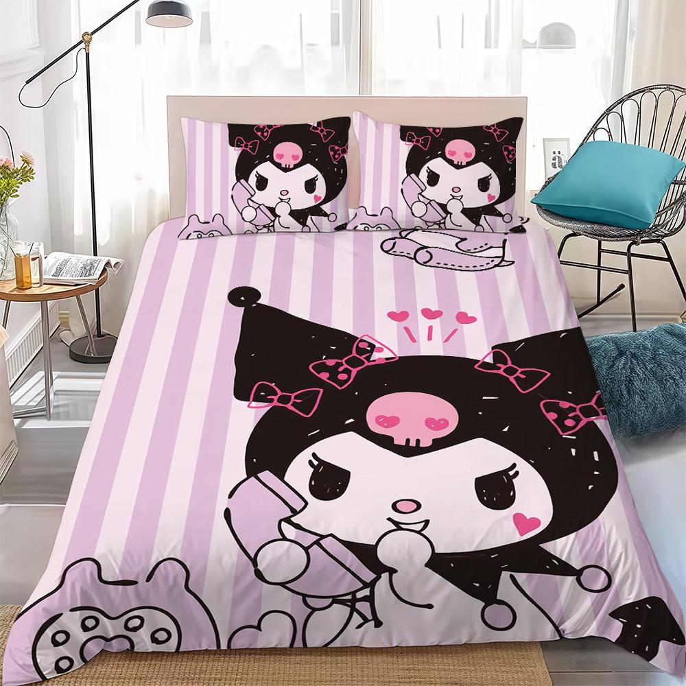 Cute K-Kuromi Duvet Cover Set Home Style Bedding Soft Laundry Cotton Bed 3 Piece Set Student Dormitory Gift